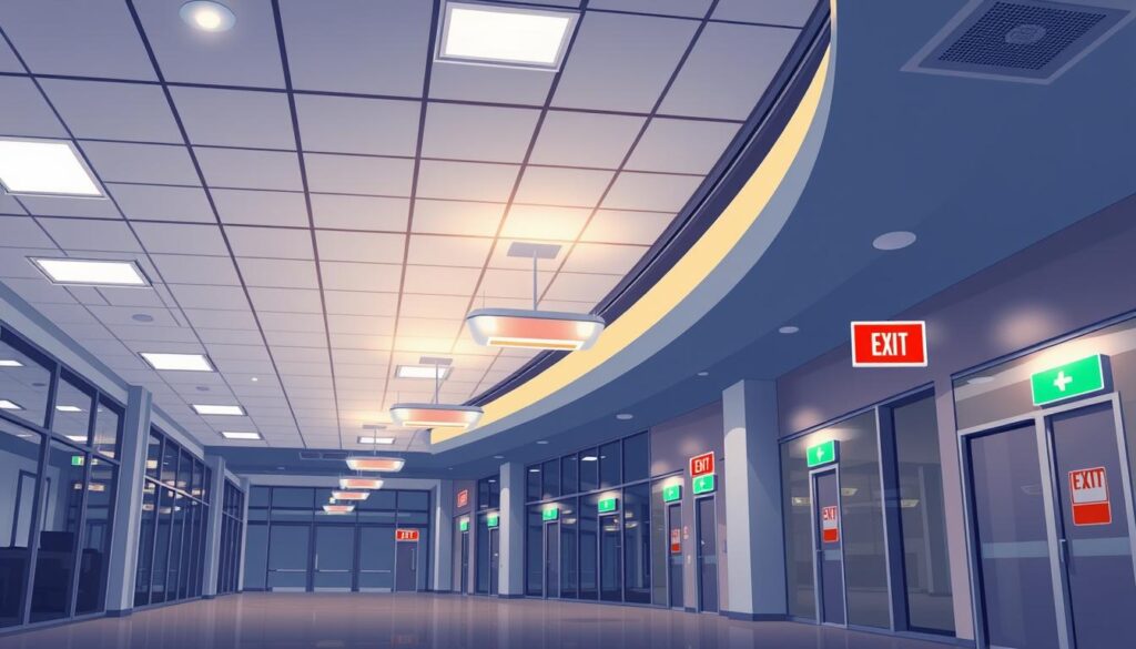 A well-lit commercial building interior, showcasing the implementation of a robust emergency lighting strategy as per EN 1838 standards. The scene depicts a modern office space with a mix of ambient and task lighting, complemented by a network of strategically placed emergency exit signs and illuminated pathways. Recessed ceiling lights provide a warm, inviting glow, while discreet emergency fixtures stand ready to activate in the event of a power outage, guiding occupants safely towards the exits. Sleek, minimalist design elements blend seamlessly with the functional emergency lighting components, creating a visually appealing and code-compliant environment.