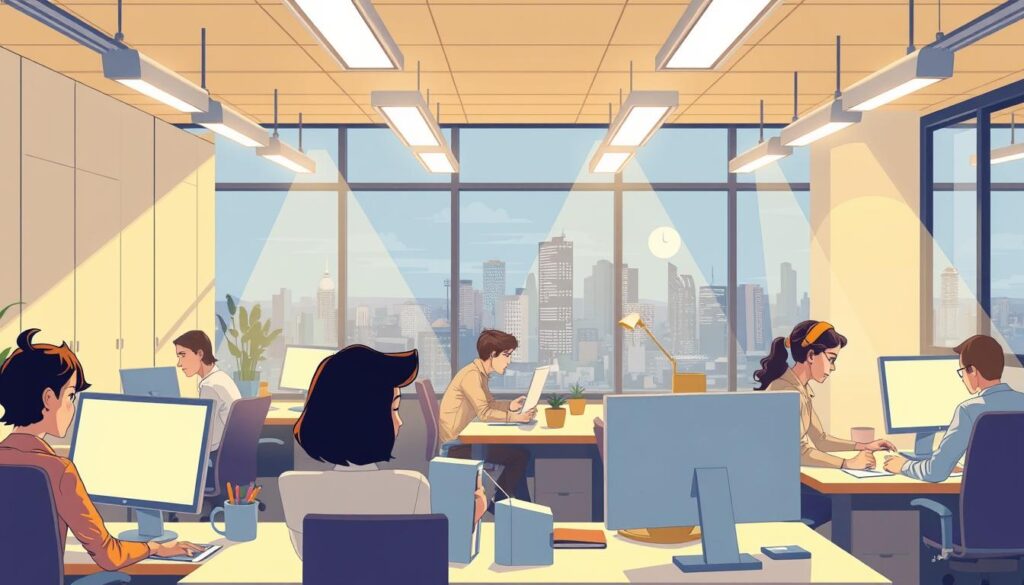 A well-lit office space with employees engaged in various tasks, benefiting from the warm, natural lighting that floods the room. The scene depicts the advantages of human-centric lighting, with soft, even illumination that enhances productivity, reduces eye strain, and promotes a sense of overall well-being. The lighting fixtures are strategically placed to provide optimal light distribution, creating a comfortable and inviting atmosphere. In the foreground, a worker is focused on their computer screen, while in the middle ground, colleagues collaborate at a table, their faces lit by the gentle glow. The background showcases a panoramic view of the cityscape, further emphasizing the importance of balancing indoor and outdoor lighting for a harmonious work environment.