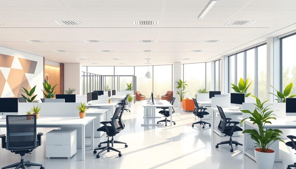 A bright, open-concept modern office with flexible workspaces. Sleek, minimalist desks with ample natural light pouring in through large windows. Ergonomic chairs and standing desks allow for fluid transitions between tasks. Potted plants and geometric patterns on the walls create a calming, productive atmosphere. Recessed LED lighting provides a warm, even illumination, complementing the daylight. The layout encourages collaboration, with cozy seating areas and glass-walled meeting rooms visible in the background. An airy, inspiring environment that reflects the evolution of office design towards flexibility and employee wellbeing.