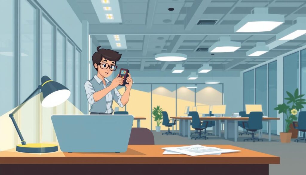 A modern, well-lit office space with a focus on lighting assessment. In the foreground, a desk with a laptop, papers, and a desk lamp, showcasing the importance of proper lighting for office work. The middle ground features a standing employee taking illuminance measurements with a handheld meter, evaluating the lighting levels. The background showcases the overall office environment, with suspended LED fixtures providing a warm, even illumination. The scene conveys a sense of professionalism and attention to detail in the assessment of office lighting conditions.