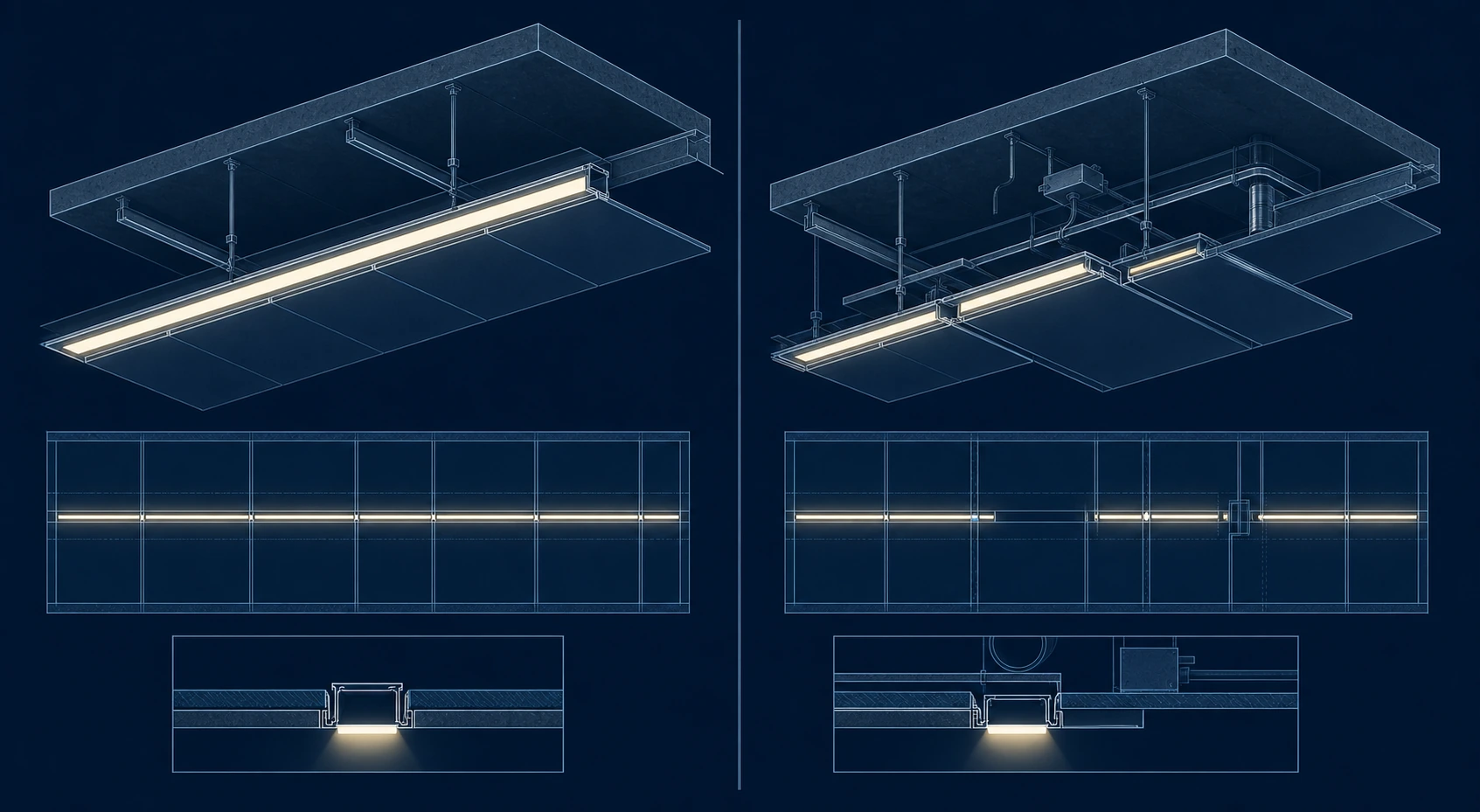 Comparison blueprint showing a clean continuous linear lighting run against a broken run interrupted by poor coordination