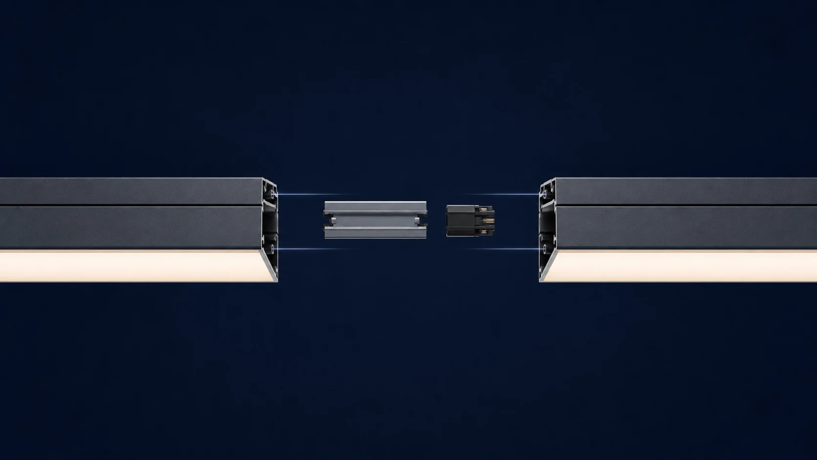 Two aligned linear luminaire modules with a simple straight join and through-wiring connector