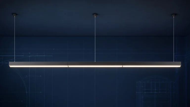 Single straight suspended continuous linear lighting run formed from three aligned modules