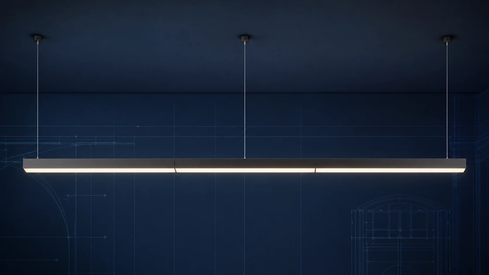 Single straight suspended continuous linear lighting run formed from three aligned modules