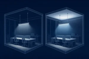 Blueprint comparison of direct-only and direct-indirect suspended lighting in two separate office bays
