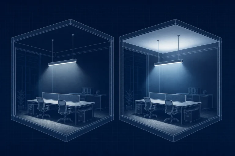 Blueprint comparison of direct-only and direct-indirect suspended lighting in two separate office bays