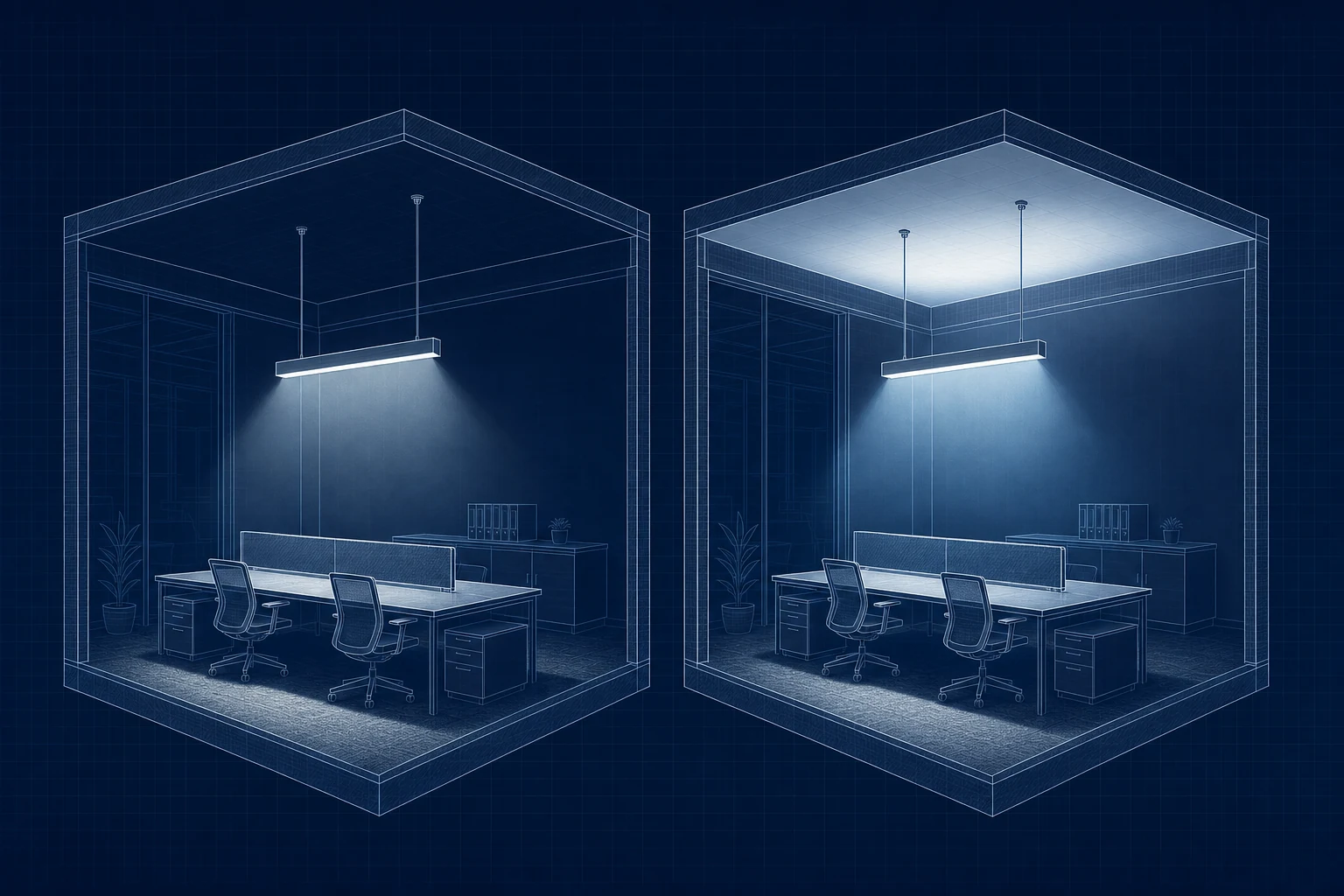 Blueprint comparison of direct-only and direct-indirect suspended lighting in two separate office bays
