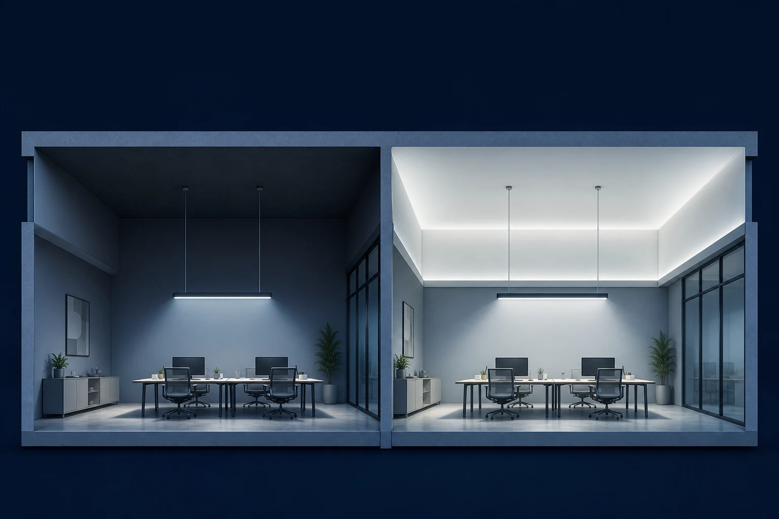 Side-by-side commercial rooms comparing a dark ceiling under direct-only suspended lighting with a softly illuminated ceiling under direct and indirect lighting
