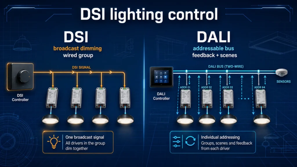 Infographic comparing DSI broadcast dimming with a DALI addressable lighting control bus