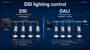 Infographic comparing DSI broadcast dimming with a DALI addressable lighting control bus