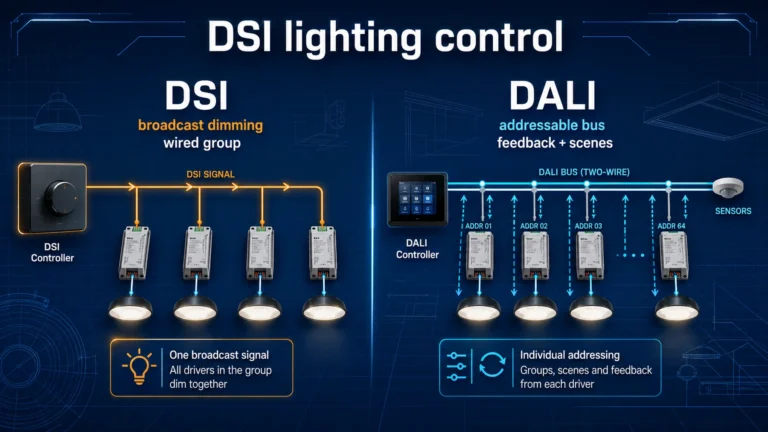 Infographic comparing DSI broadcast dimming with a DALI addressable lighting control bus