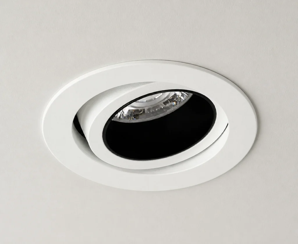 Prism tilting recessed downlight installed in a ceiling with its black baffle visible