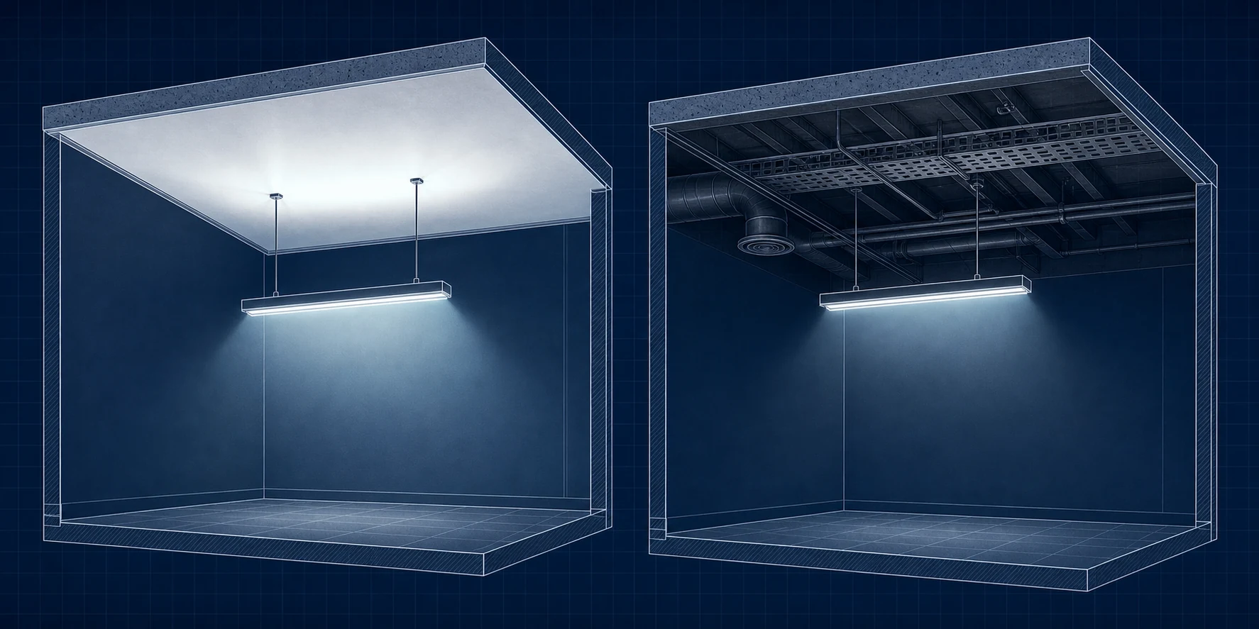 Blueprint comparison of uplight beneath a pale reflective ceiling and a dark exposed soffit