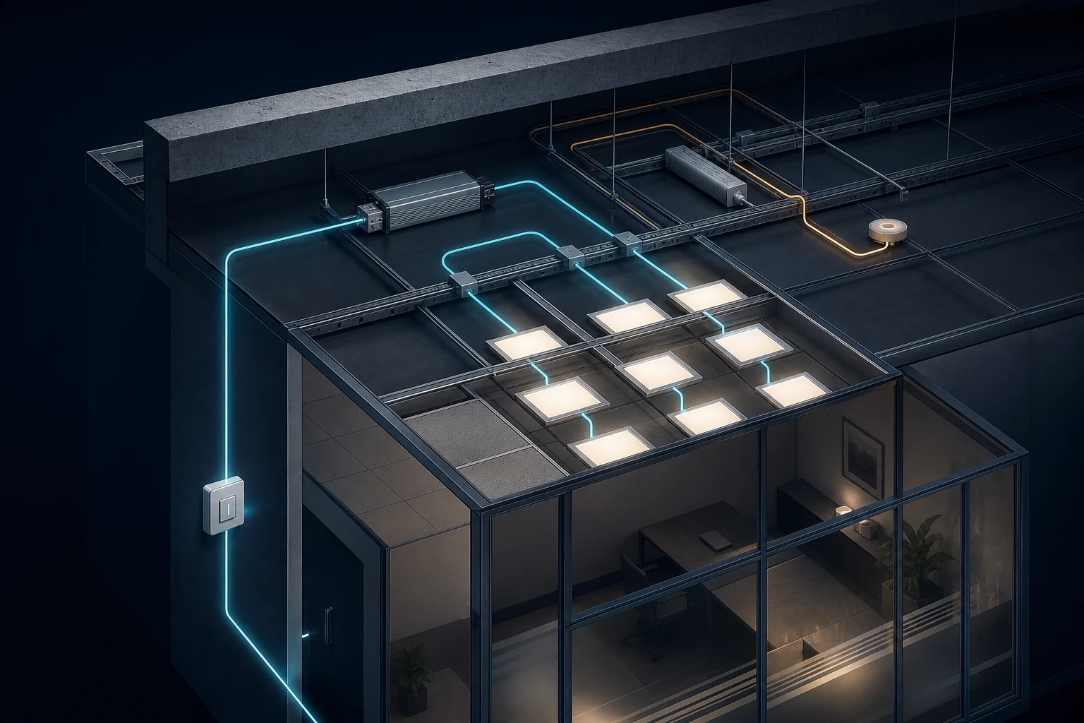 Isometric concept image showing SwitchDIM control wiring, compatible driver gear, grouped luminaires and a separate emergency route
