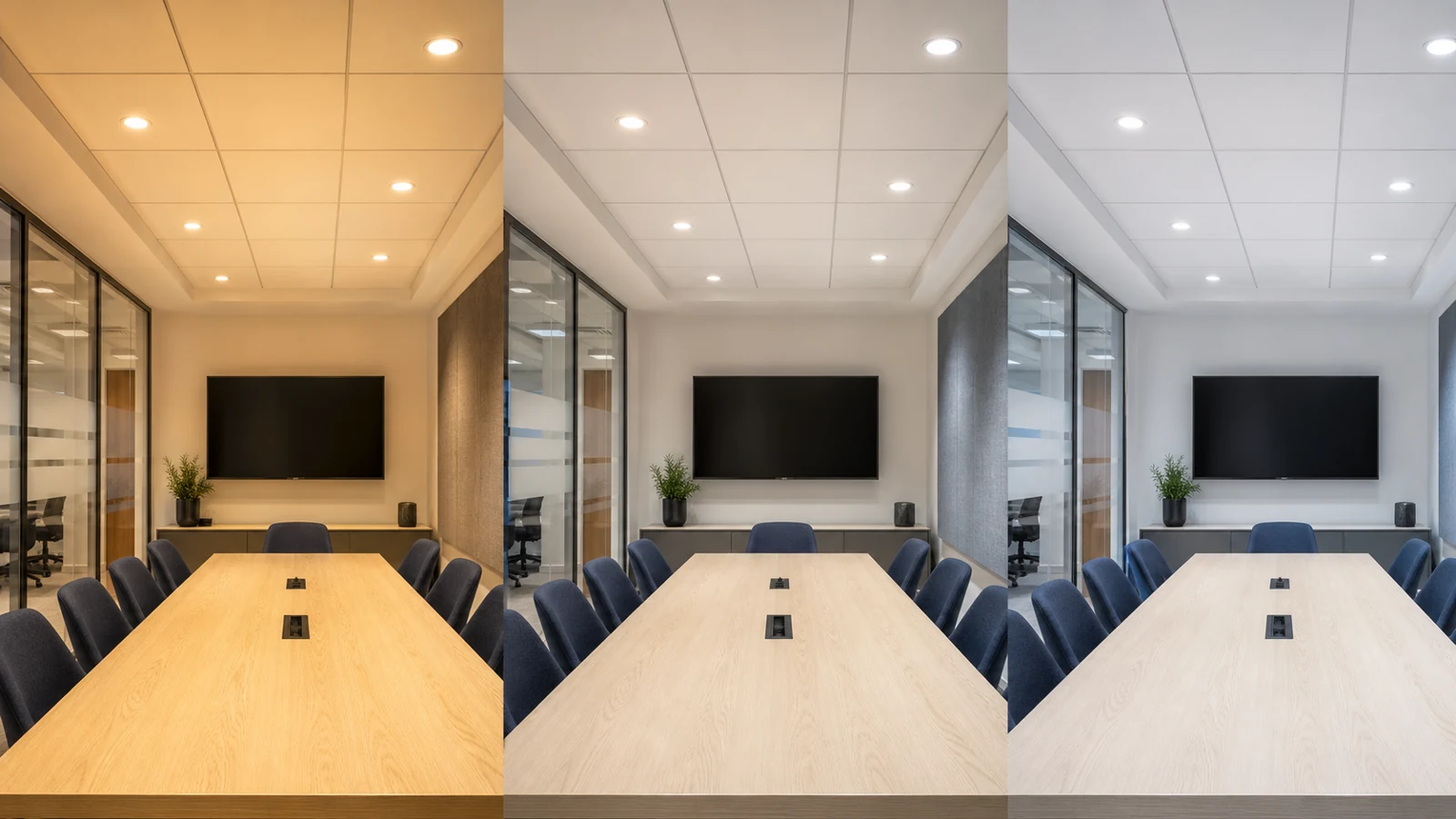 The same commercial office room shown under warm, neutral and cool white lighting