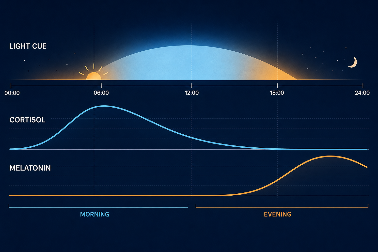 Circadian rhythm diagram showing morning light, cortisol rise and evening melatonin rise