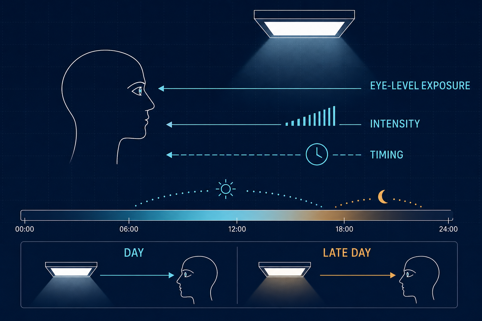 Conceptual diagram showing timing, intensity and eye-level exposure in circadian lighting